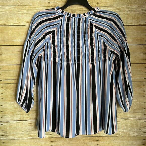 A.N.A. Blue & Black Striped Smocked Neck Blouse - Size Small - 3/4 Length Sleeve - Picture 4 of 5